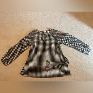 Madewell black and white gingham top with yellow, green and pink details